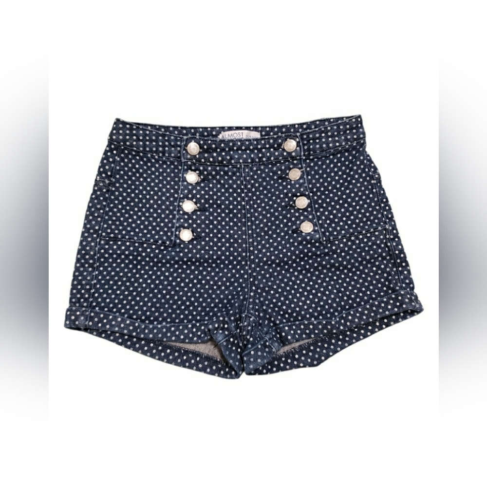Almost Famous Navy Polka Dot High Waist Shorts In Denim Style Sz 7